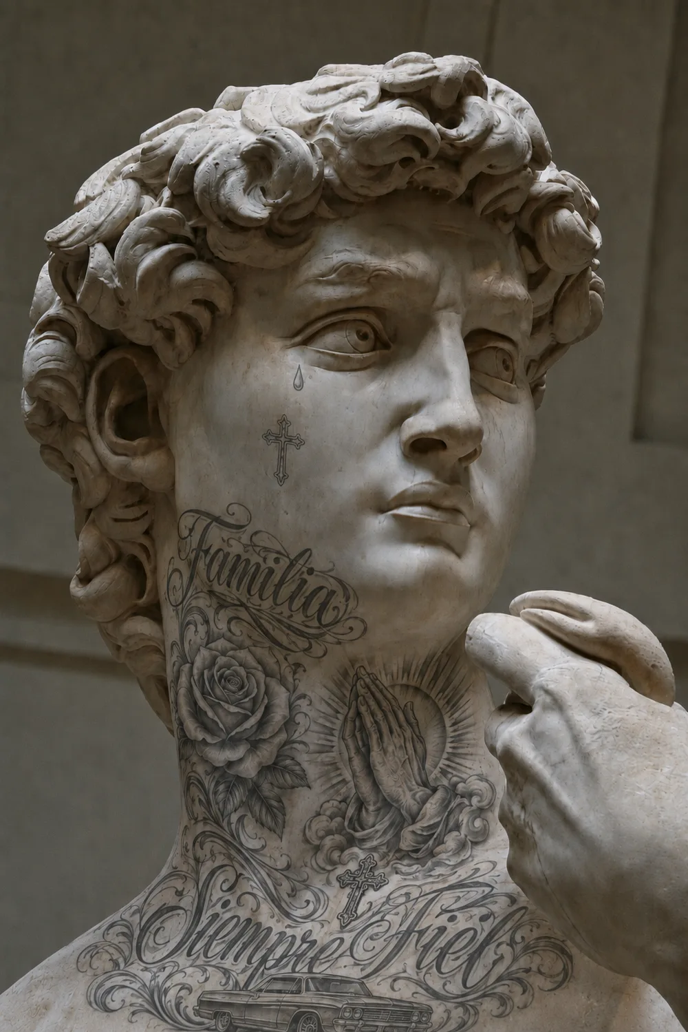 Escultura clásica cubierta de tatuajes antes del tratamiento láser